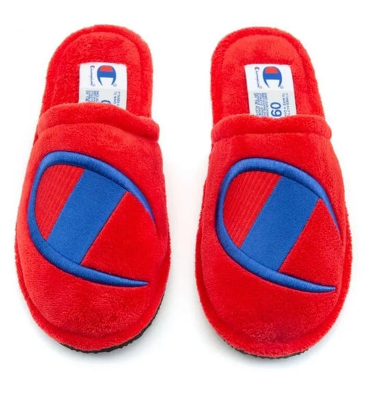 Mens Champion "The Sleepover" Big Logo Red Plush Slippers